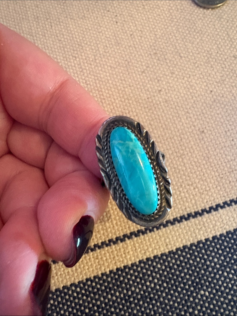 Oval Turquoise Cabochon Ring with Rope-Edge Silver Setting